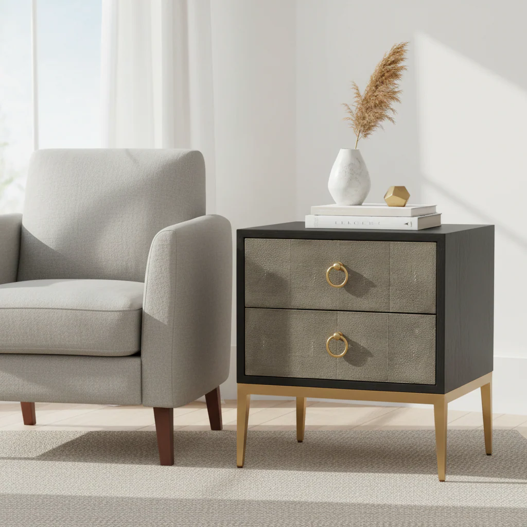 Deruta Two Drawer Grey Shagreen Effect Side Table - Image 4