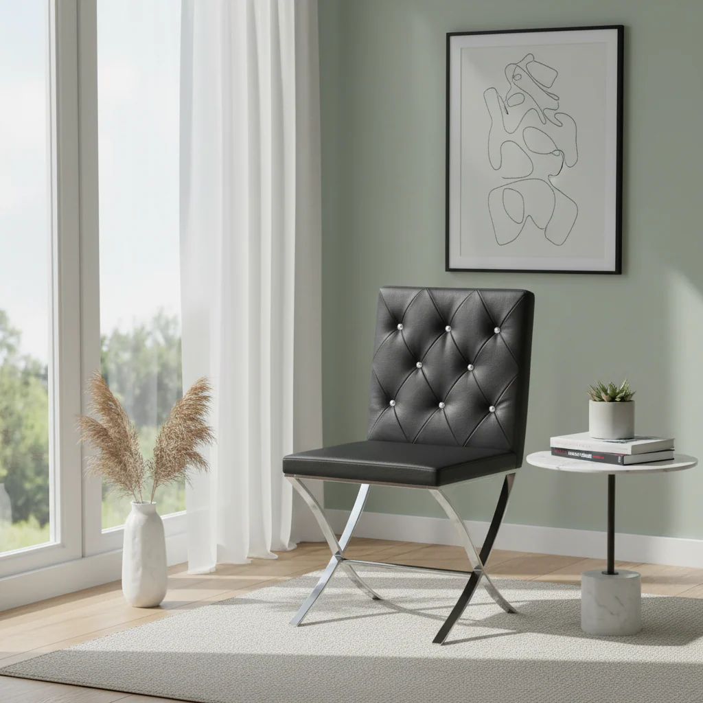 Diamante Black Leather Effect Chair With Stainless Steel Cross Legs - Image 4