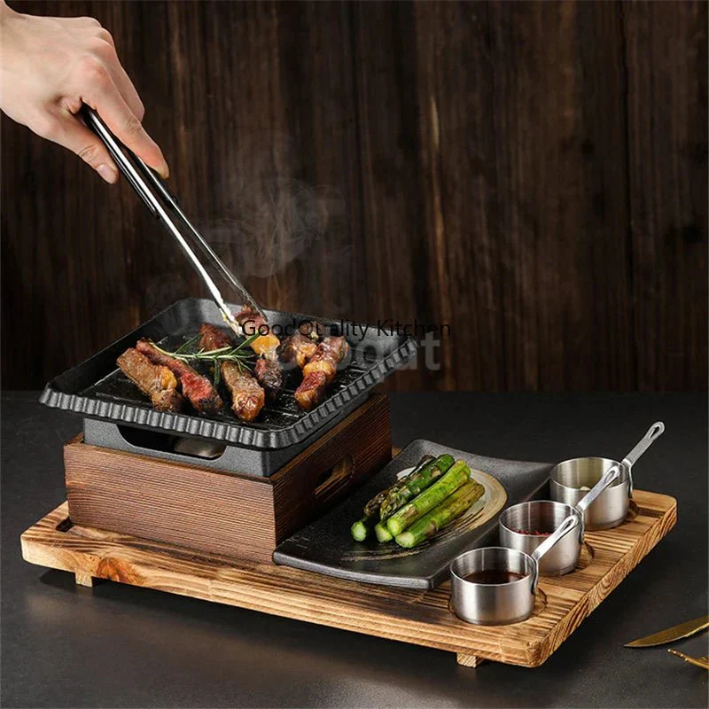 Dining room single and double tableware Cast iron barbecue plate Square alcohol oven baking tray Korean style barbecue stove set - Image 11