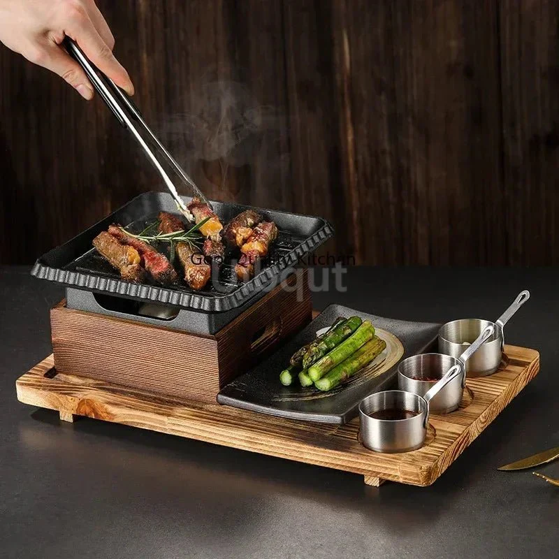 Dining room single and double tableware Cast iron barbecue plate Square alcohol oven baking tray Korean style barbecue stove set - Image 3