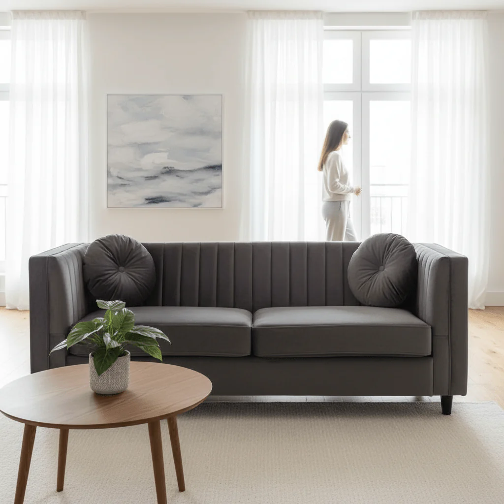 Farah Three Seat Grey Velvet Sofa - Image 2