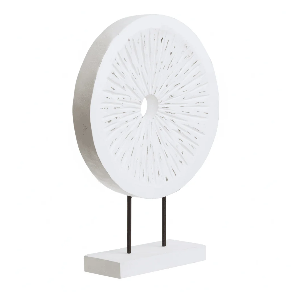 Fidel Distressed White Carved Wood Large Round Sculpture - Image 7