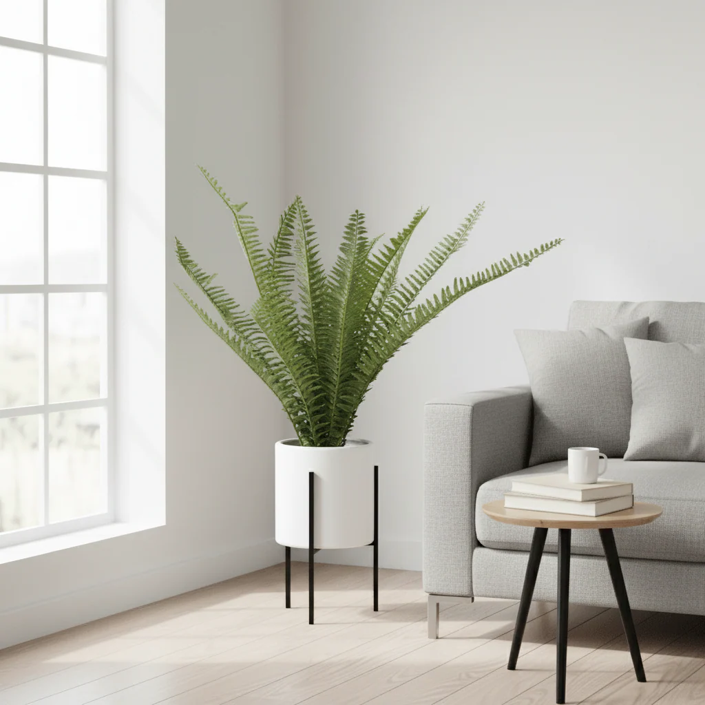 Fiori Fern In White Ceramic Pot With Iron Stand - Image 8