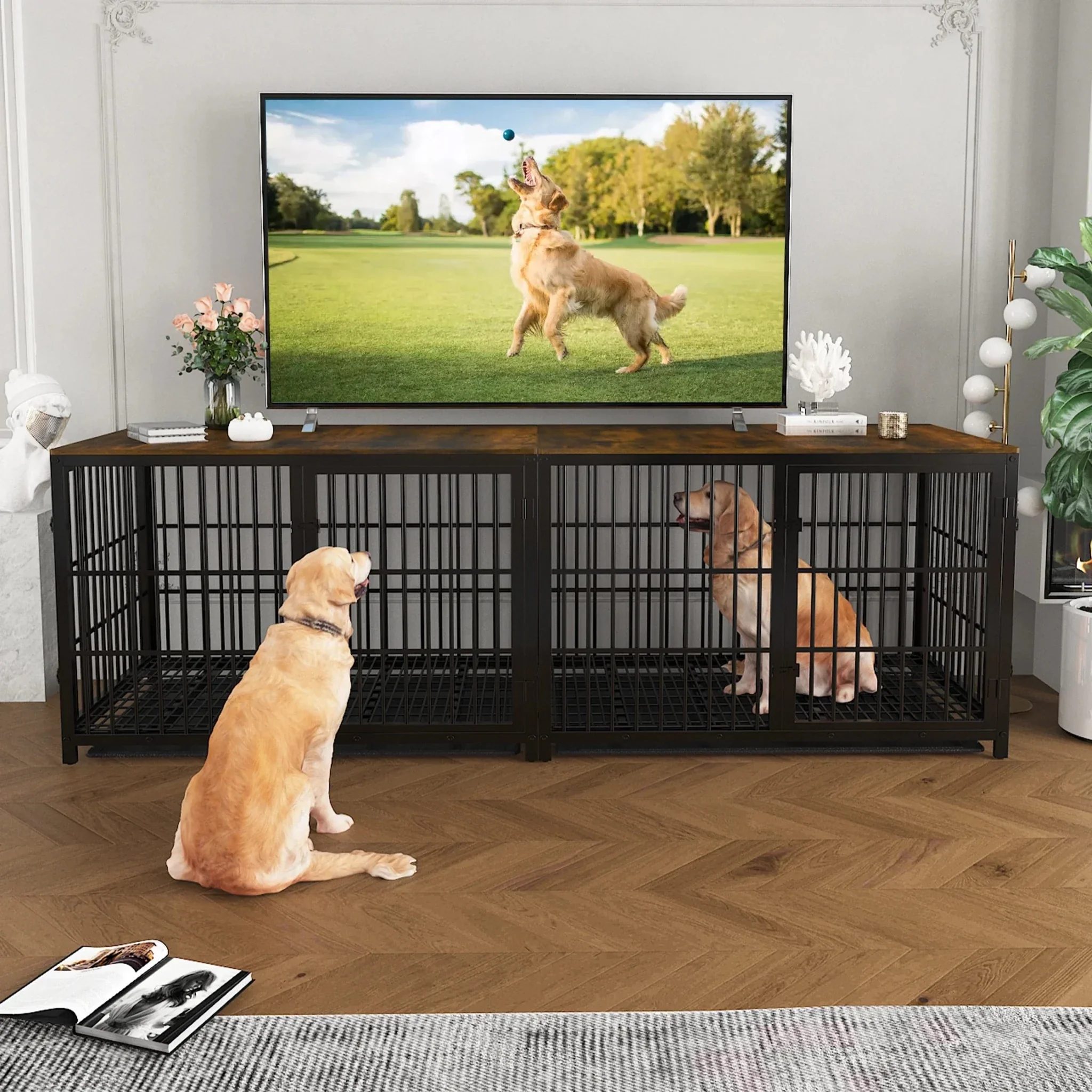 Furniture Style Dog Cage XXL Wooden Pet Kennel End Side Table with Tray and 3 Doors for Medium to Large Dogs - Image 9