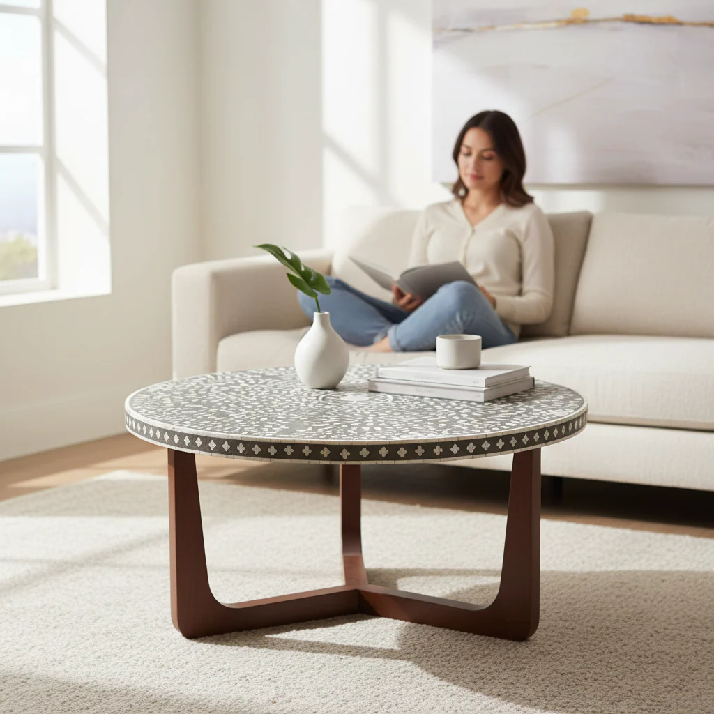 Fusion Mother of Pearl Design Round Coffee Table - Image 2