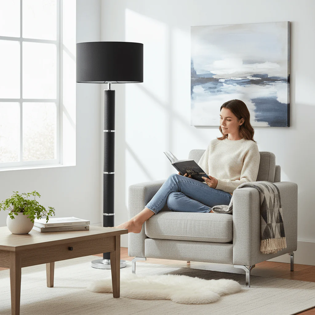 Hanah Black Snake Leather Effect Floor Lamp with Chrome Base and Black Shade