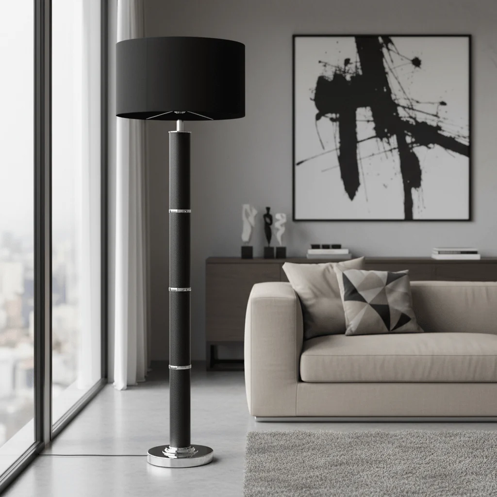 Hanah Black Snake Leather Effect Floor Lamp with Chrome Base and Black Shade - Image 2