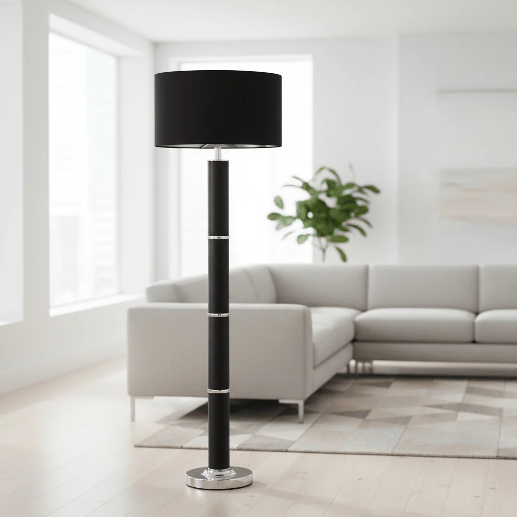 Hanah Black Snake Leather Effect Floor Lamp with Chrome Base and Black Shade - Image 6