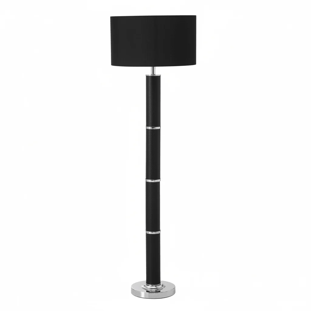 Hanah Black Snake Leather Effect Floor Lamp with Chrome Base and Black Shade - Image 7