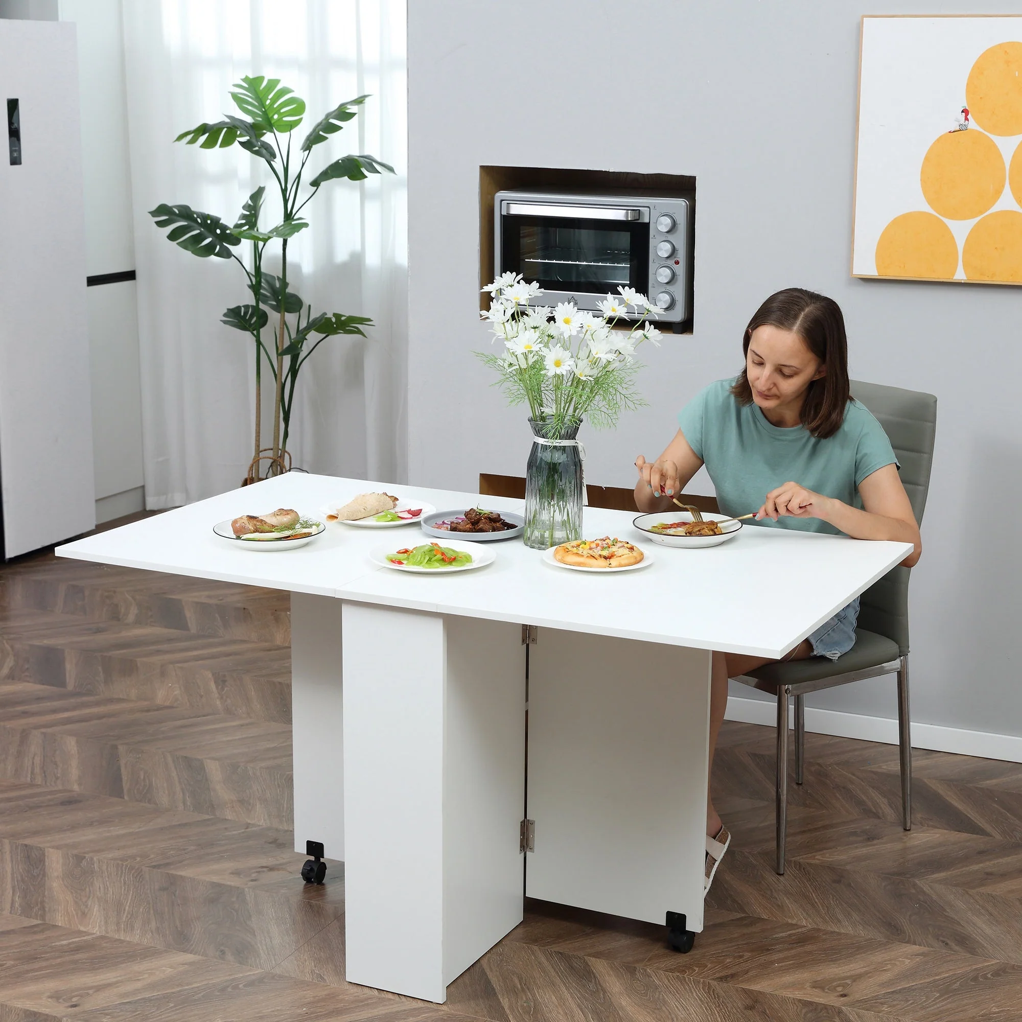 HOMCOM Mobile Drop Leaf Dining Table Folding Desk w/ 2 Wheels White - Image 10