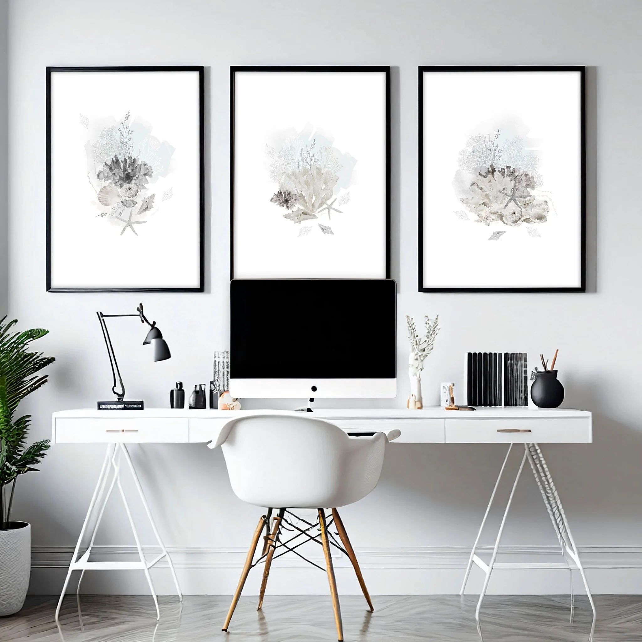 Home Office wall art | set of 3 Coastal Seashells artwork prints - Image 2