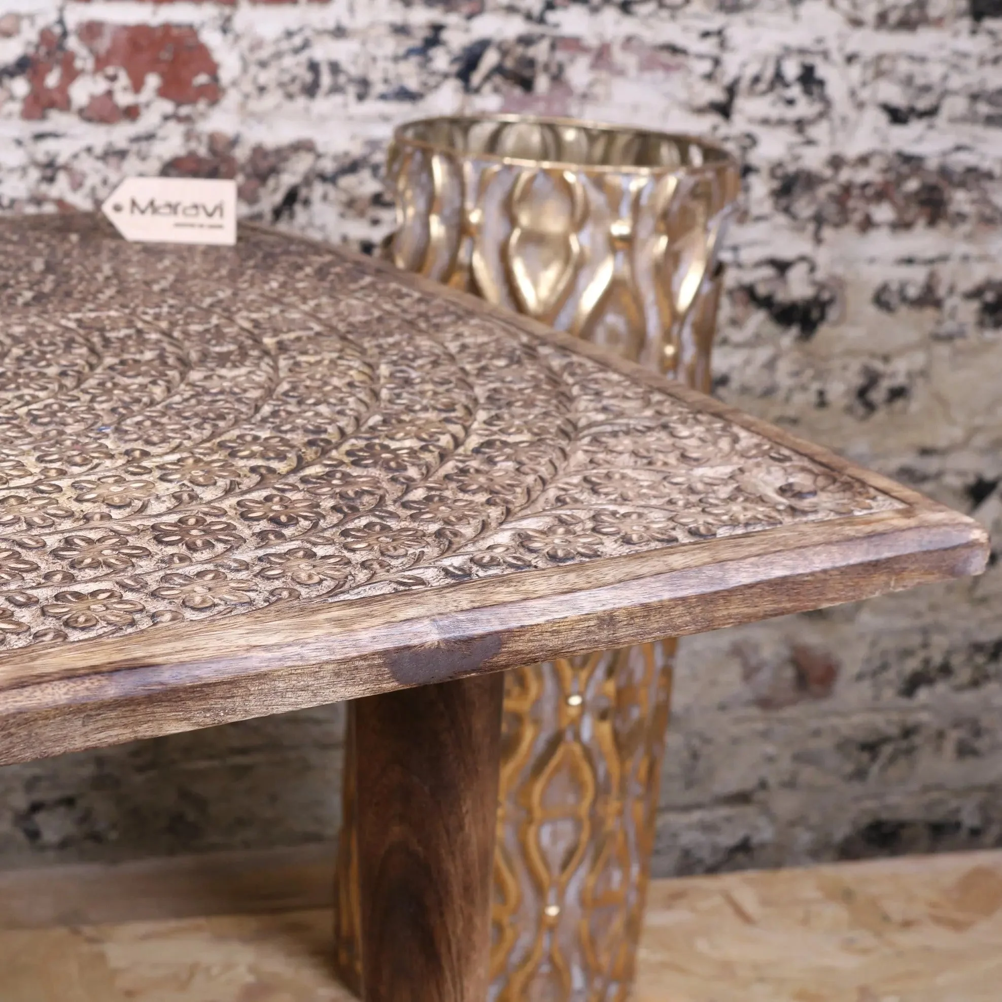 Ibra Large Side Table Burnt Mango Wood Hand Carved - Image 4