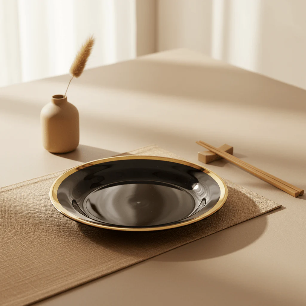 Ida Black Glass Dinner Plate with Gold Rim - Image 4