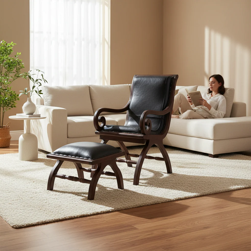 Inca Genuine Black Leather and Teak Lounge Chair with Footstool - Image 2