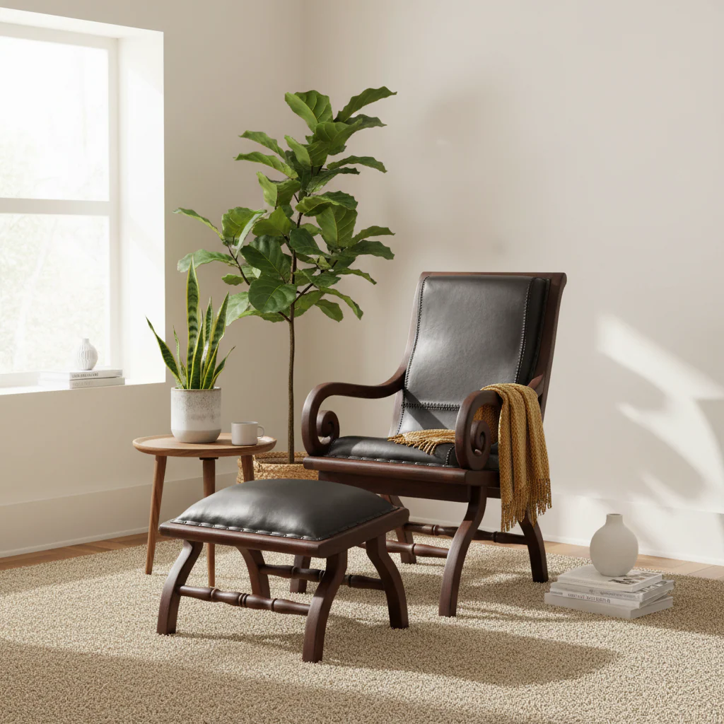 Inca Genuine Black Leather and Teak Lounge Chair with Footstool - Image 3