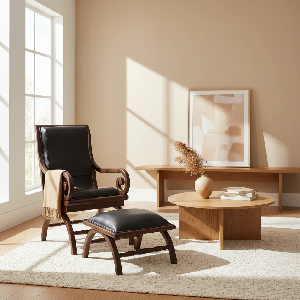 Inca Genuine Black Leather and Teak Lounge Chair with Footstool - Image 4