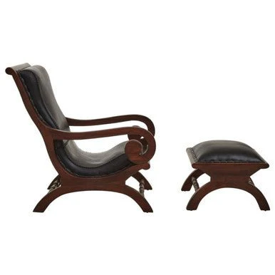 Inca Genuine Black Leather and Teak Lounge Chair with Footstool - Image 7