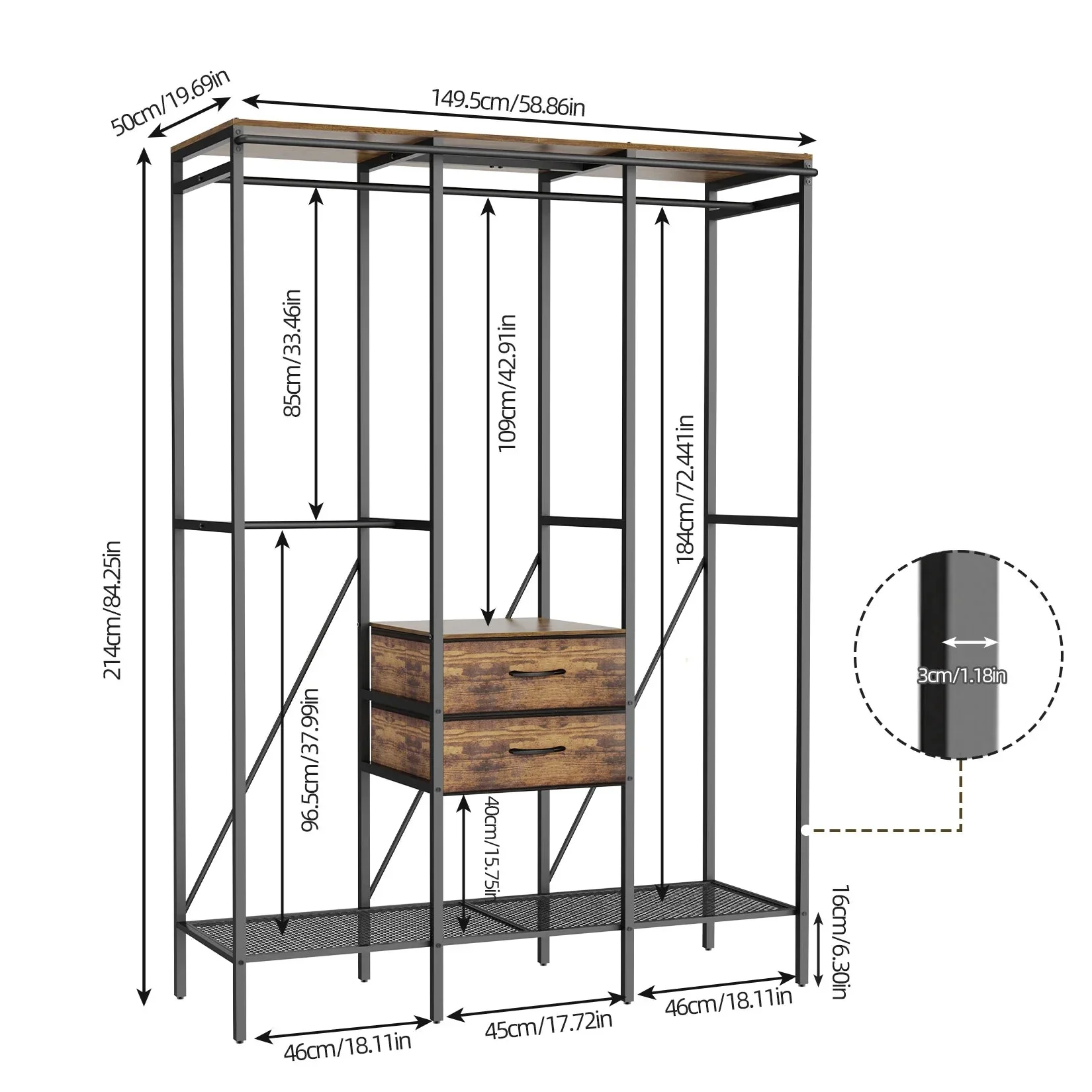 Industrial Coat Rack Stand, Open Wardrobe, Clothes Rail with 2 Drawer and Shelves, Bedroom Storage, Hanging Bar, XXL - Image 5