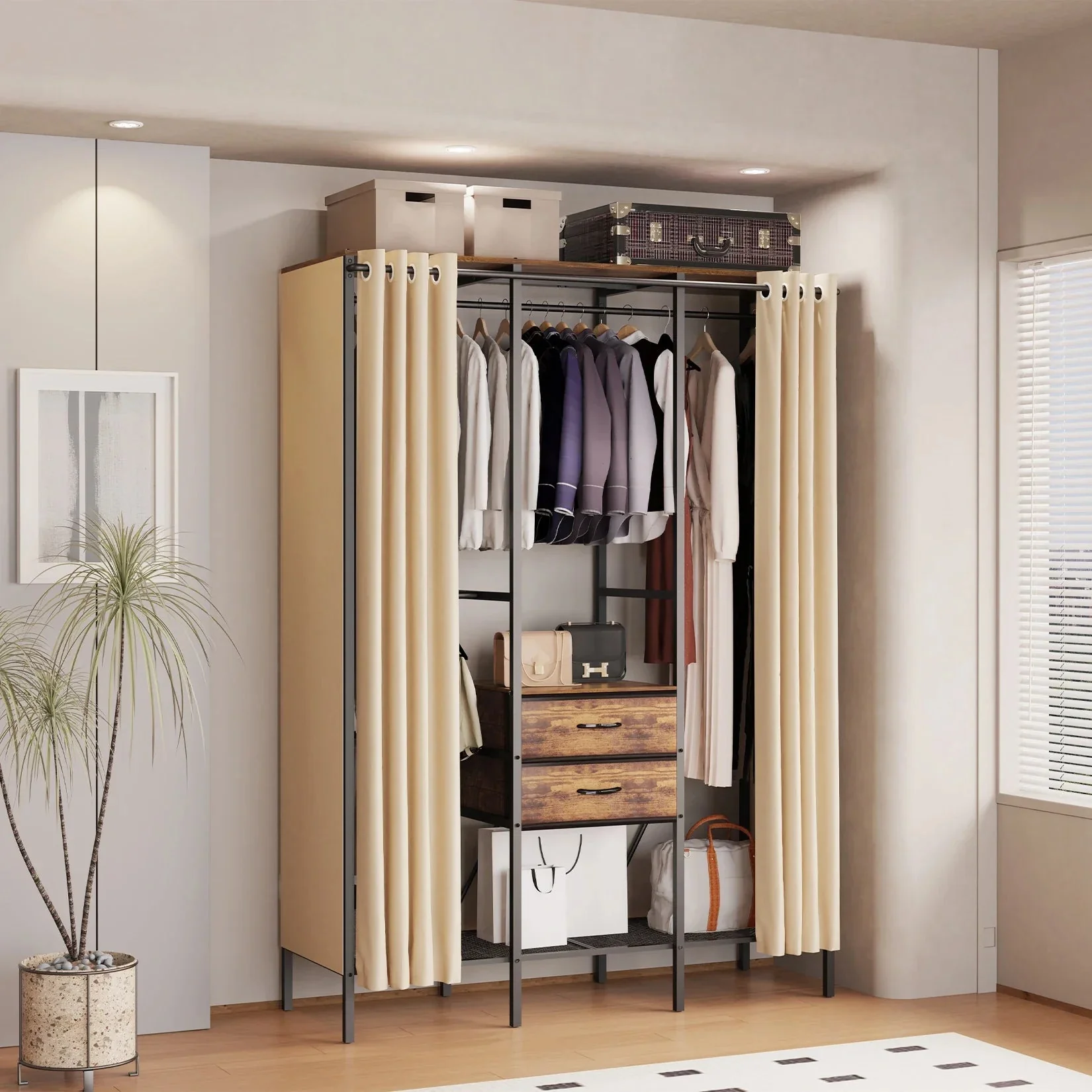 Industrial Coat Rack Stand, Open Wardrobe, Clothes Rail with 2 Drawer and Shelves, Bedroom Storage, Hanging Bar, XXL - Image 7