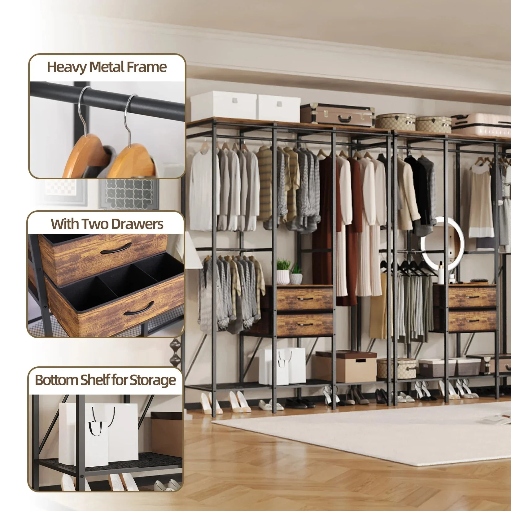 Industrial Coat Rack Stand, Open Wardrobe, Clothes Rail with 2 Drawer and Shelves, Bedroom Storage, Hanging Bar, XXL - Image 8