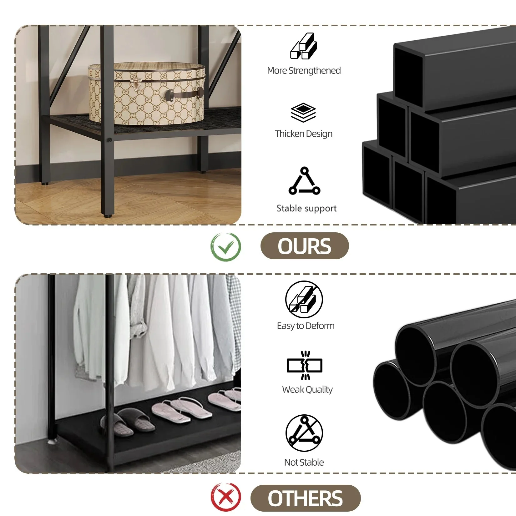 Industrial Coat Rack Stand, Open Wardrobe, Clothes Rail with 2 Drawer and Shelves, Bedroom Storage, Hanging Bar, XXL - Image 9
