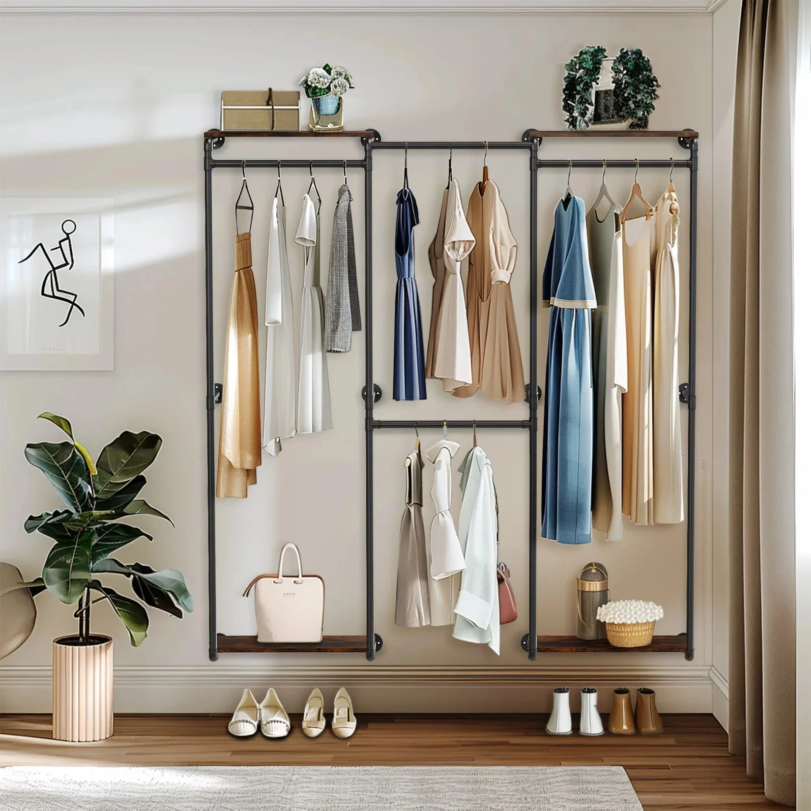 Industrial Pipe Clothes Rack, Wall-Mounted Metal Clothes Stand, Walk-in Wardrobe, with Shelves - Image 2