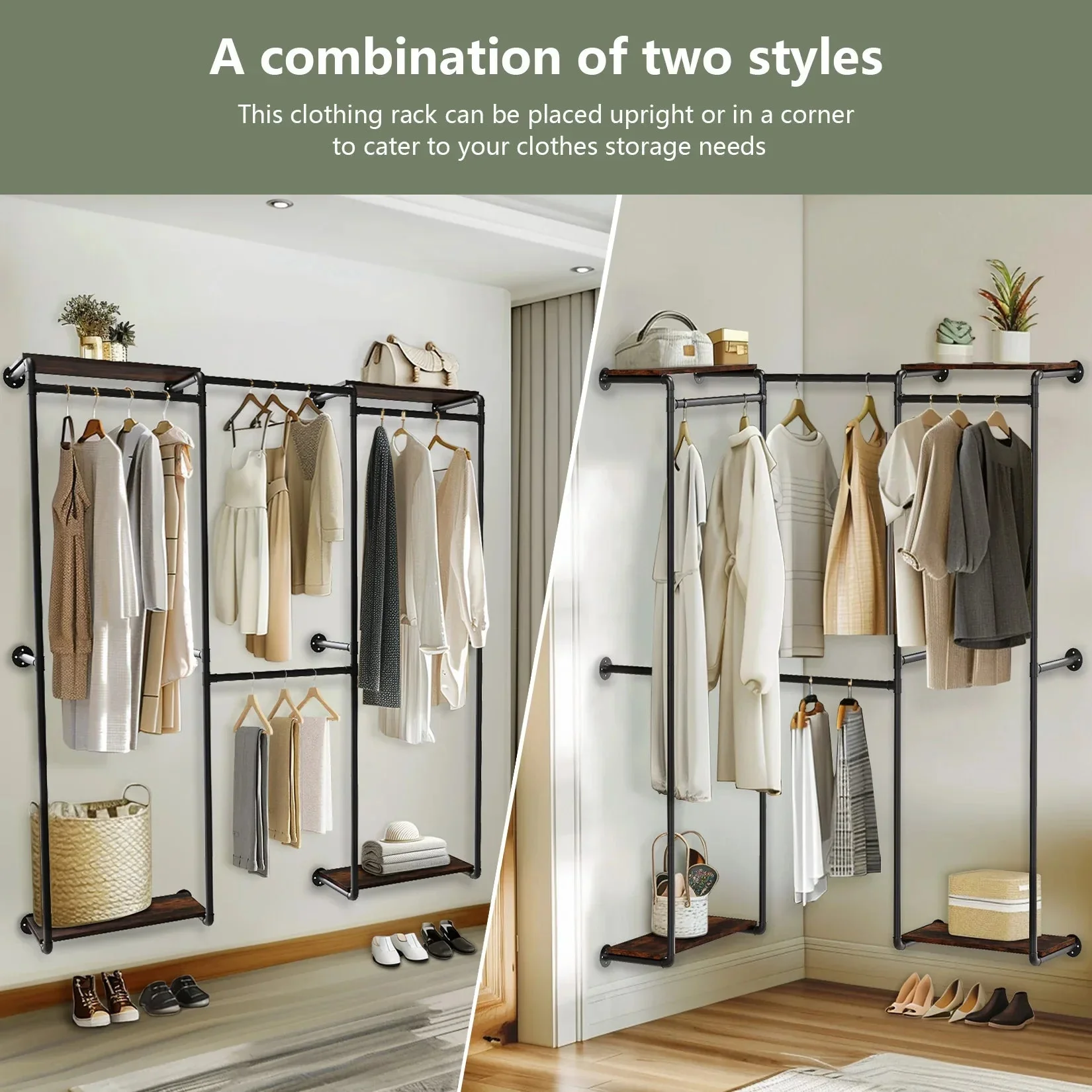 Industrial Pipe Clothes Rack, Wall-Mounted Metal Clothes Stand, Walk-in Wardrobe, with Shelves - Image 7