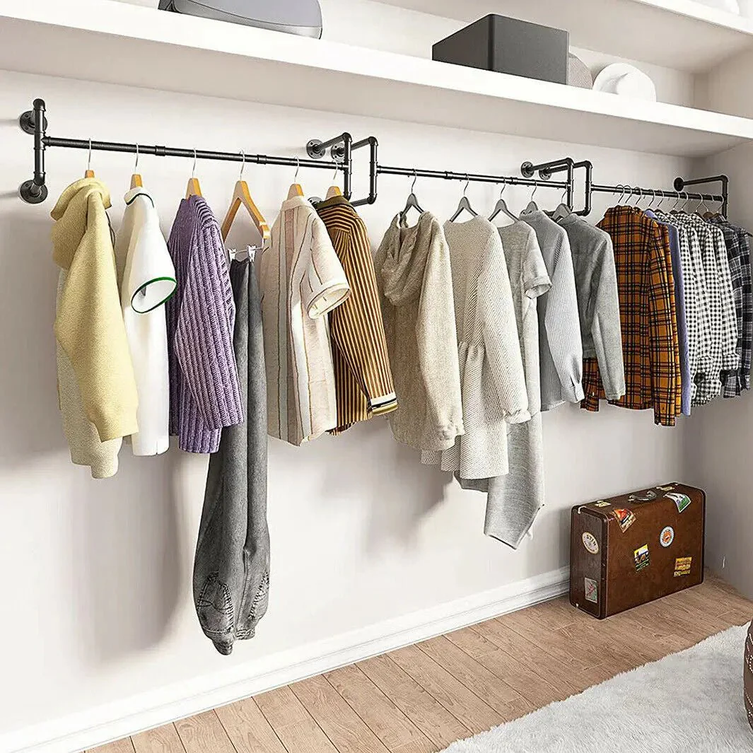 Industrial Pipe Clothing Rack, Heavy Duty, Wall Mounted, Garment Bar, Open Wardrobe Storage, Adjustable, 90 cm, 135 cm, 108cm