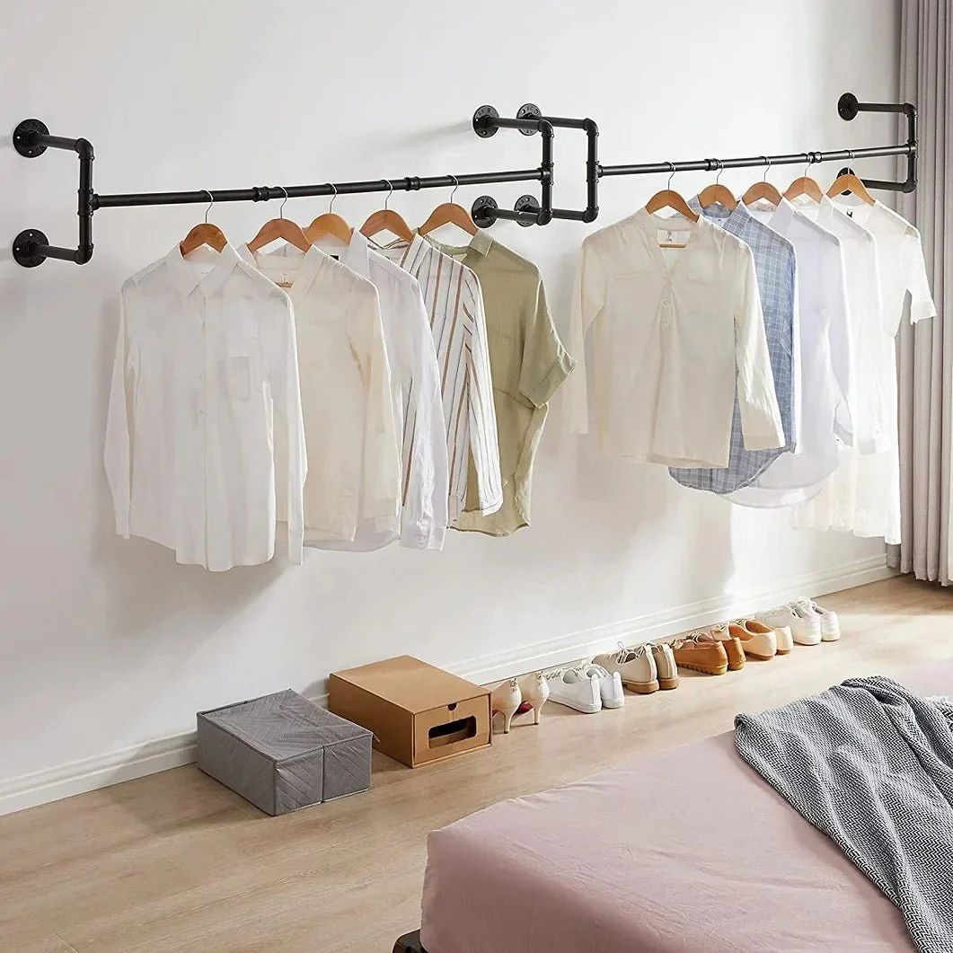 Industrial Pipe Clothing Rack, Heavy Duty, Wall Mounted, Garment Bar, Open Wardrobe Storage, Adjustable, 90 cm, 135 cm, 108cm - Image 2