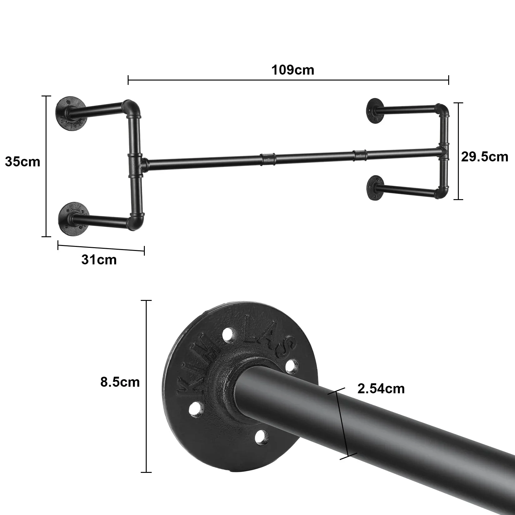 Industrial Pipe Clothing Rack, Heavy Duty, Wall Mounted, Garment Bar, Open Wardrobe Storage, Adjustable, 90 cm, 135 cm, 108cm - Image 4