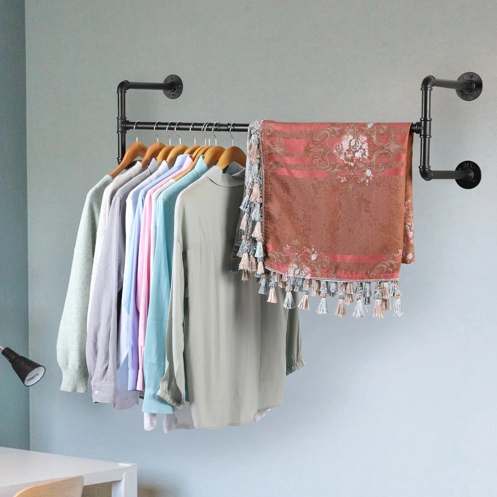 Industrial Pipe Clothing Rack, Heavy Duty, Wall Mounted, Garment Bar, Open Wardrobe Storage, Adjustable, 90 cm, 135 cm, 108cm - Image 8
