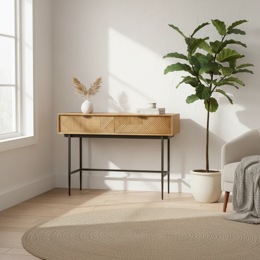 Jakara Two Drawer Natural Finish Console Table With Black Metal Legs - Image 3