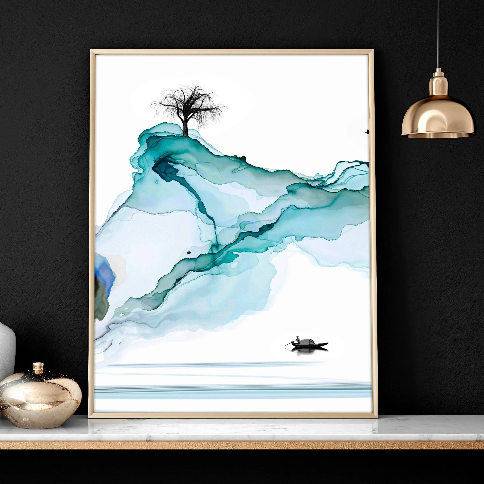Art print set of 3 | Teal Japanese wall art print for living room - Image 3