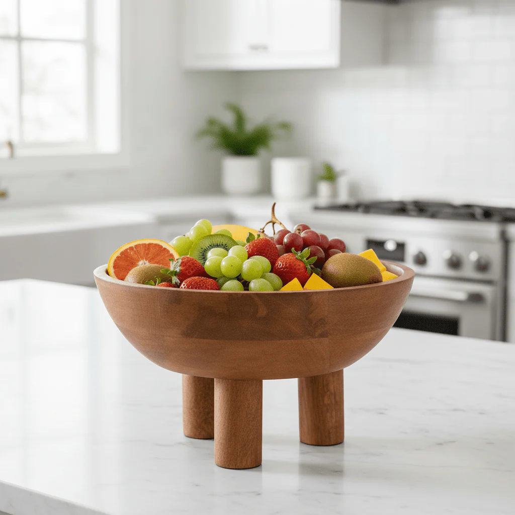 Kara Mango Wood Serving or Fruit Bowl with Footed Base - Image 2