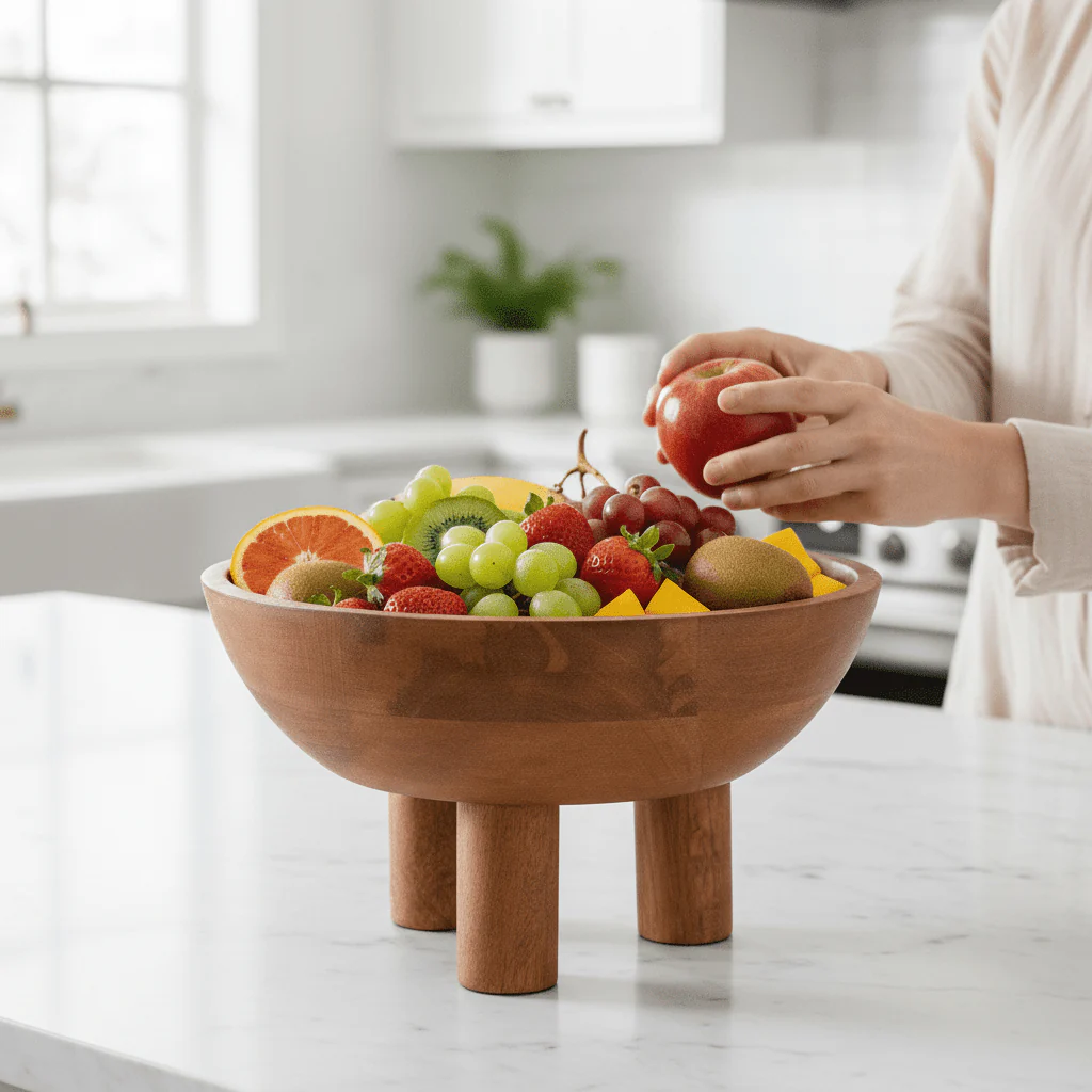 Kara Mango Wood Serving or Fruit Bowl with Footed Base - Image 4