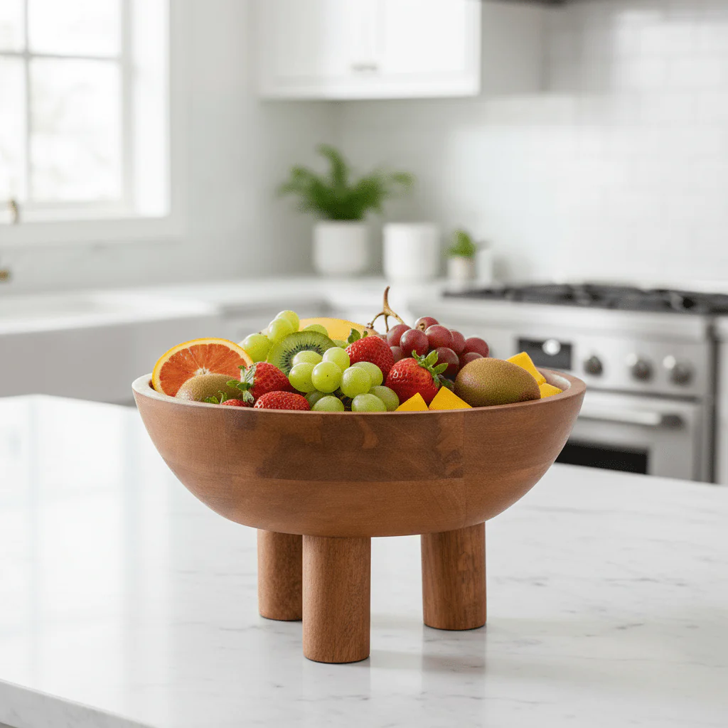 Kara Mango Wood Serving or Fruit Bowl with Footed Base - Image 5
