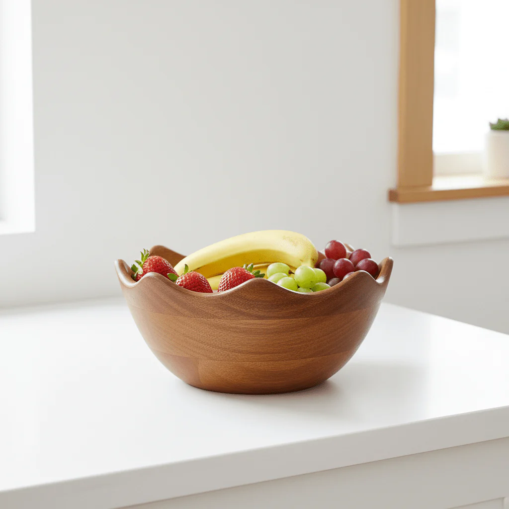 Kara Mango Wood Serving or Fruit Bowl with Scalloped Edge - Image 2