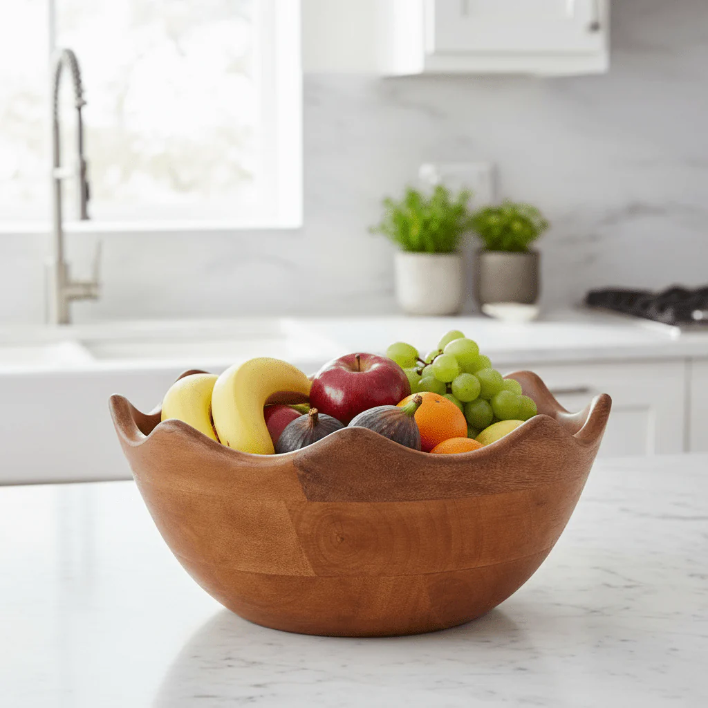Kara Mango Wood Serving or Fruit Bowl with Scalloped Edge - Image 5