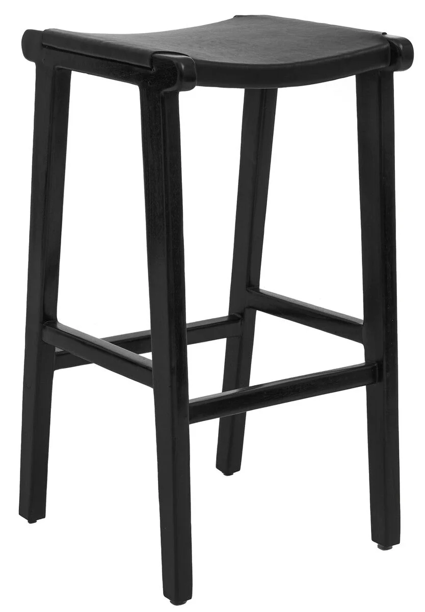 Kendari Black Leather and Teak Barstool - Image 14