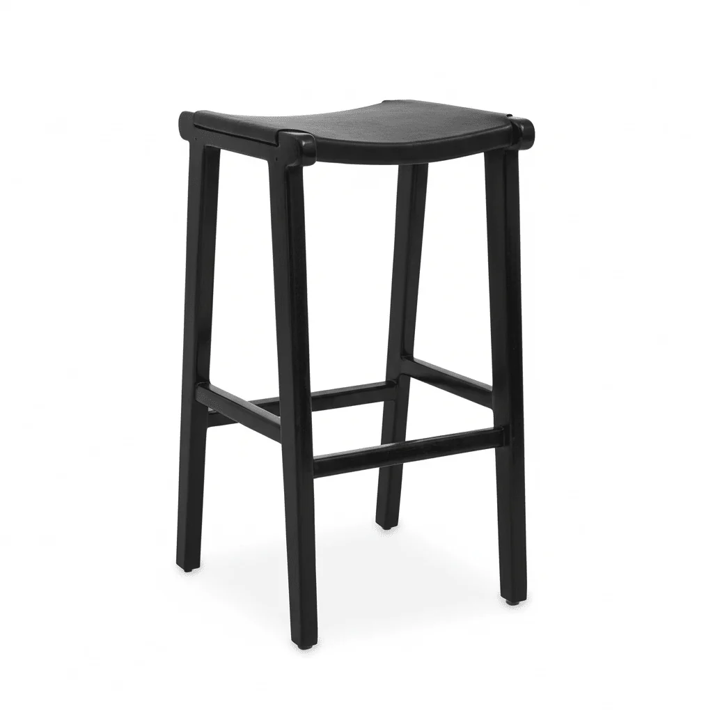 Kendari Black Leather and Teak Barstool - Image 15
