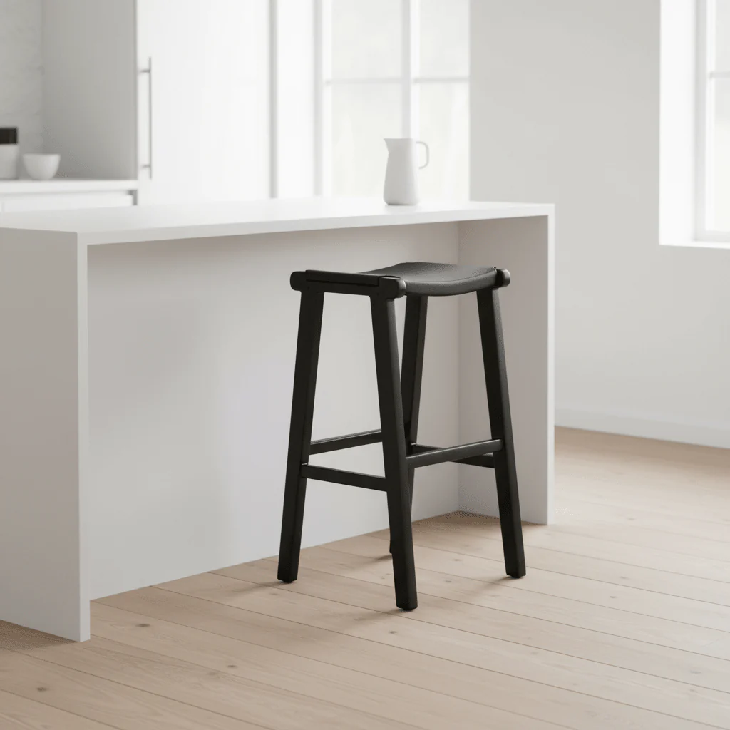 Kendari Black Leather and Teak Barstool - Image 2