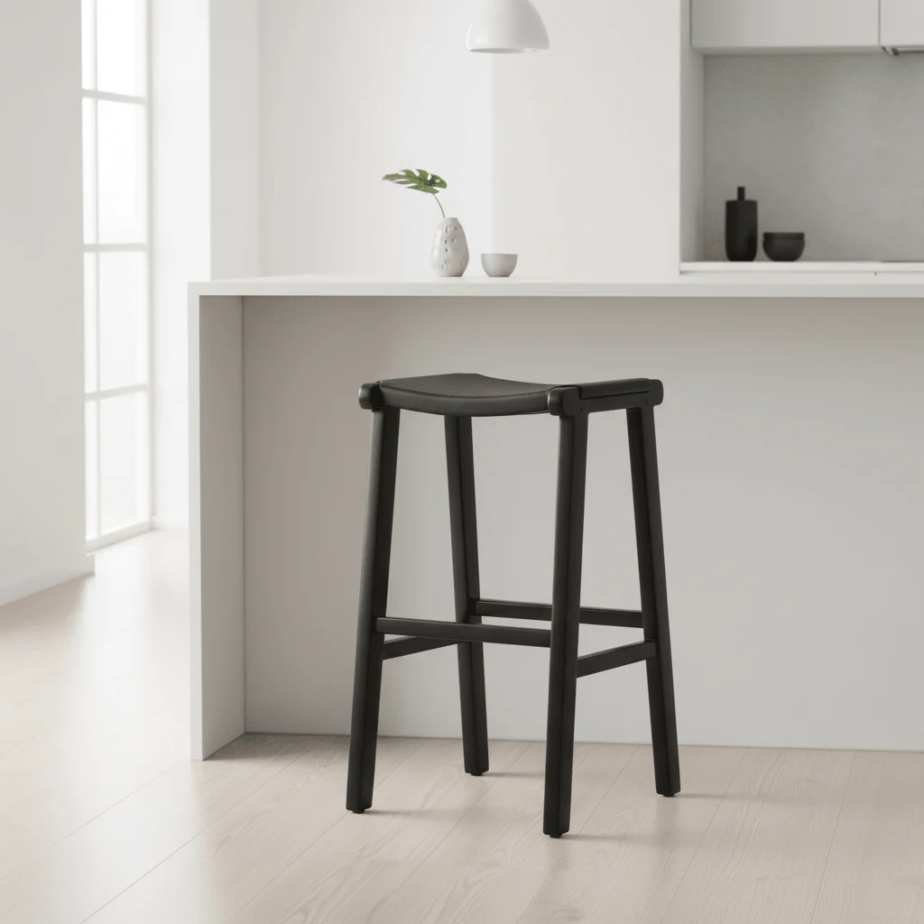 Kendari Black Leather and Teak Barstool - Image 3