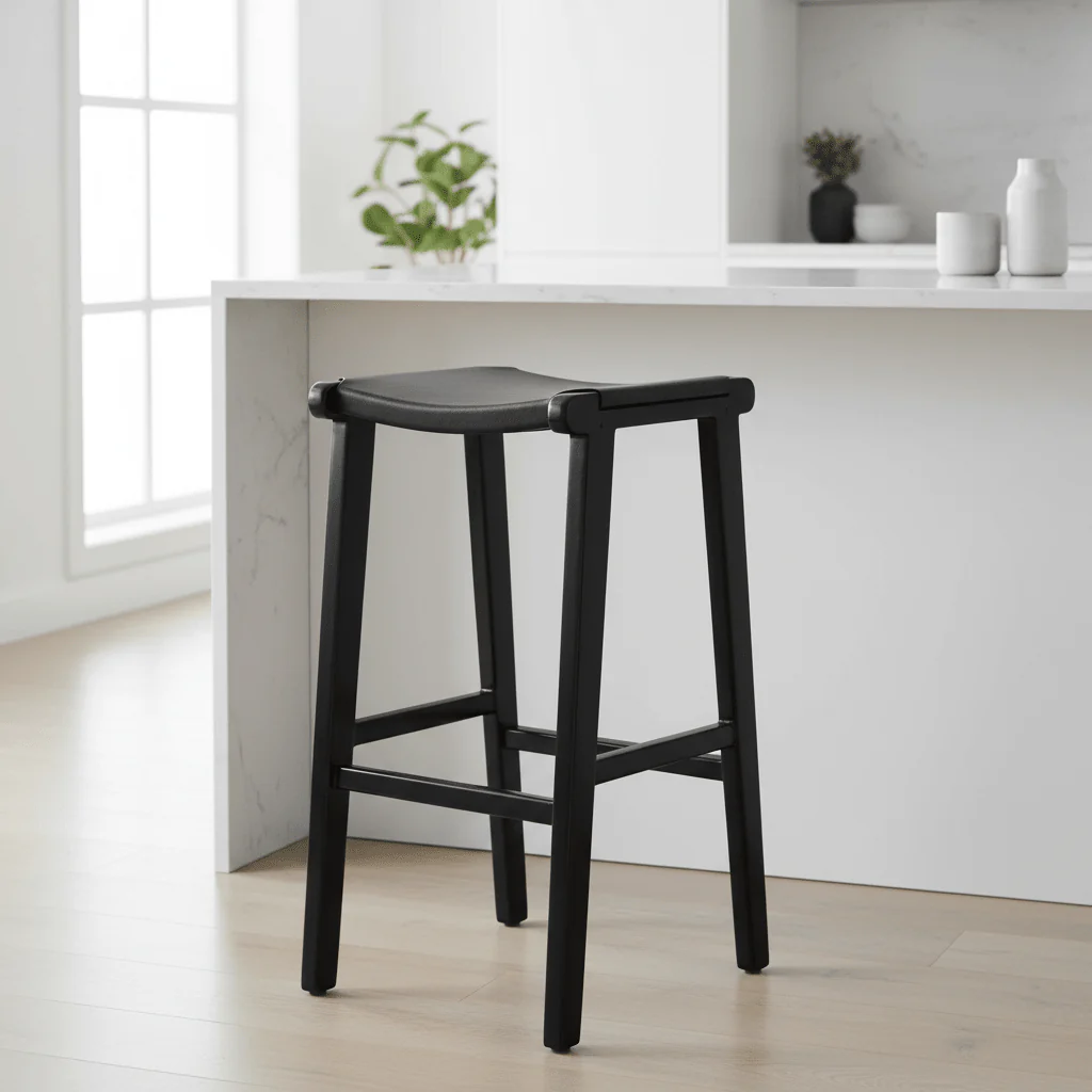 Kendari Black Leather and Teak Barstool - Image 5
