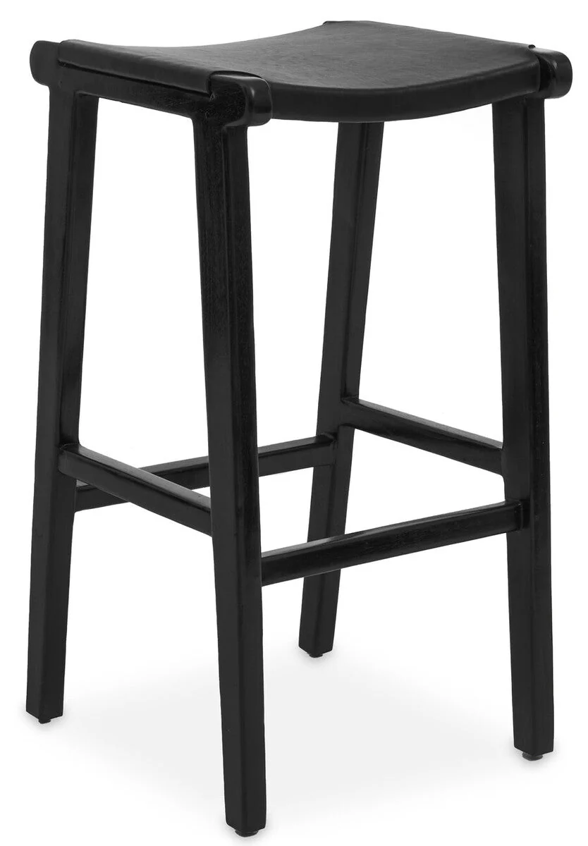 Kendari Black Leather and Teak Barstool - Image 6