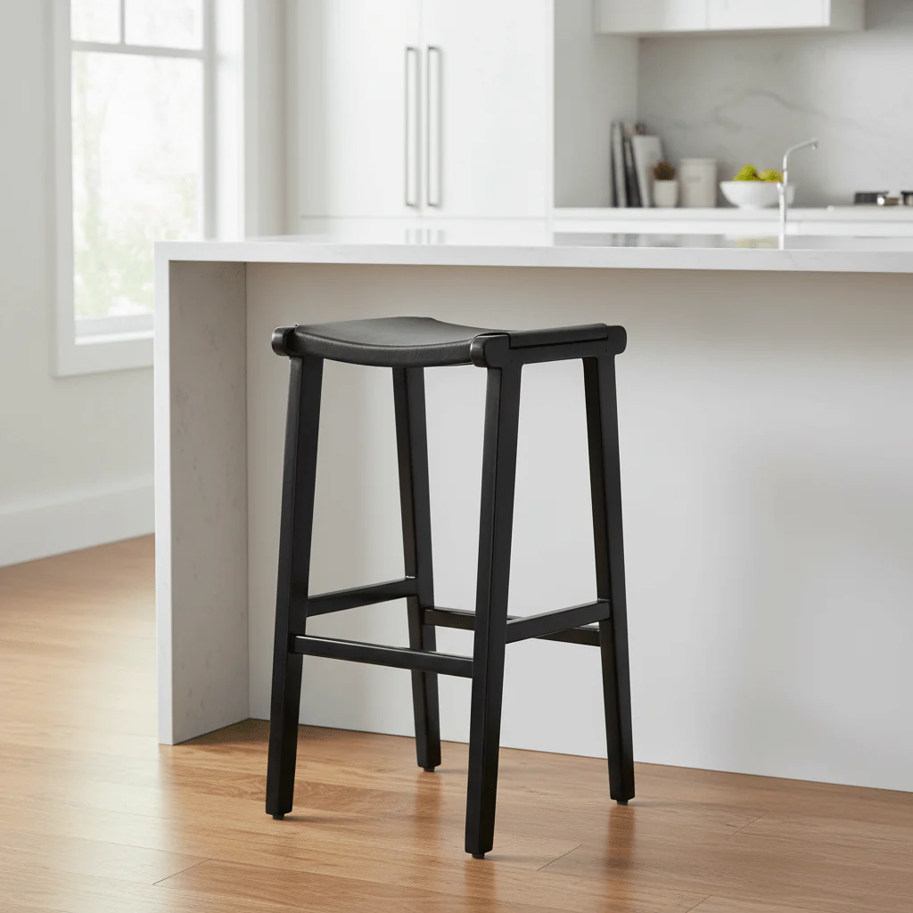 Kendari Black Leather and Teak Barstool - Image 7