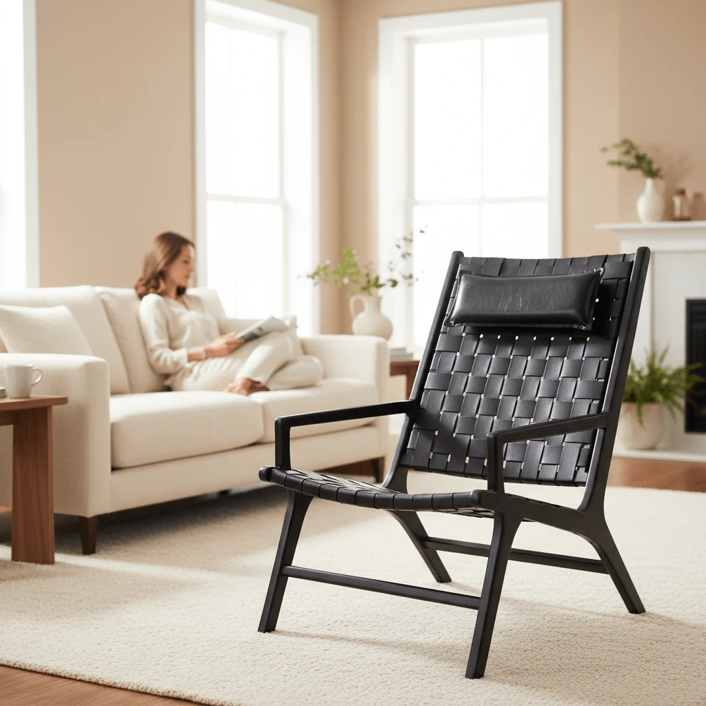 Kendari Black Leather Woven Chair - Image 2