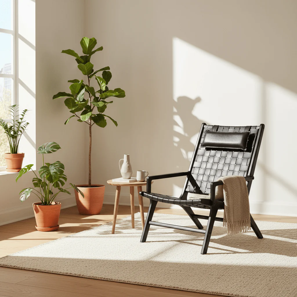 Kendari Black Leather Woven Chair - Image 3