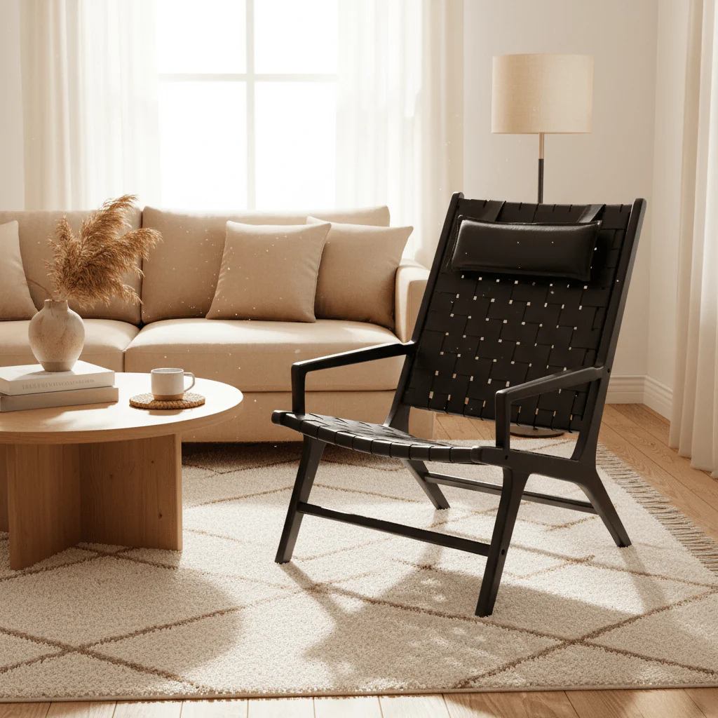 Kendari Black Leather Woven Chair - Image 4