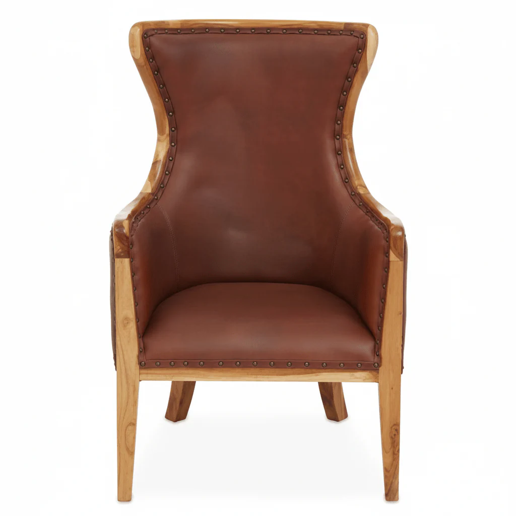 Kendari Brown Cow Leather and Teak Wood Frame Chair