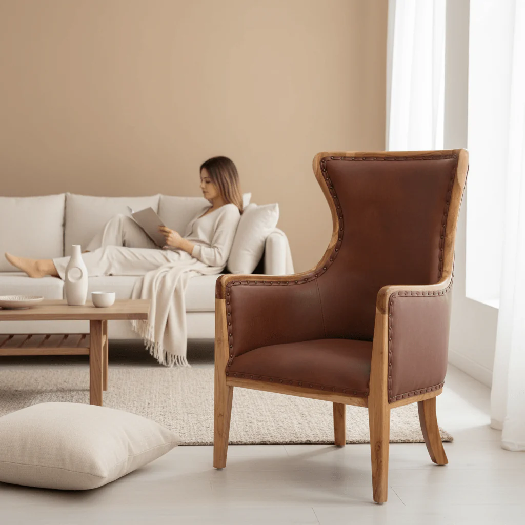 Kendari Brown Cow Leather and Teak Wood Frame Chair - Image 2